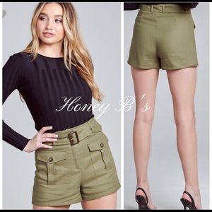 New! Clearance 🔥 Linen Blended Belted Shorts Khaki green